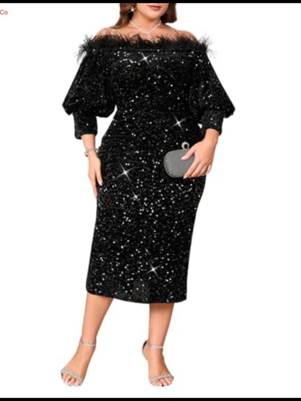 Sequin Off Shoulder Puff Sleeve Bodycon Midi Dress Formal Party Cocktail Evening